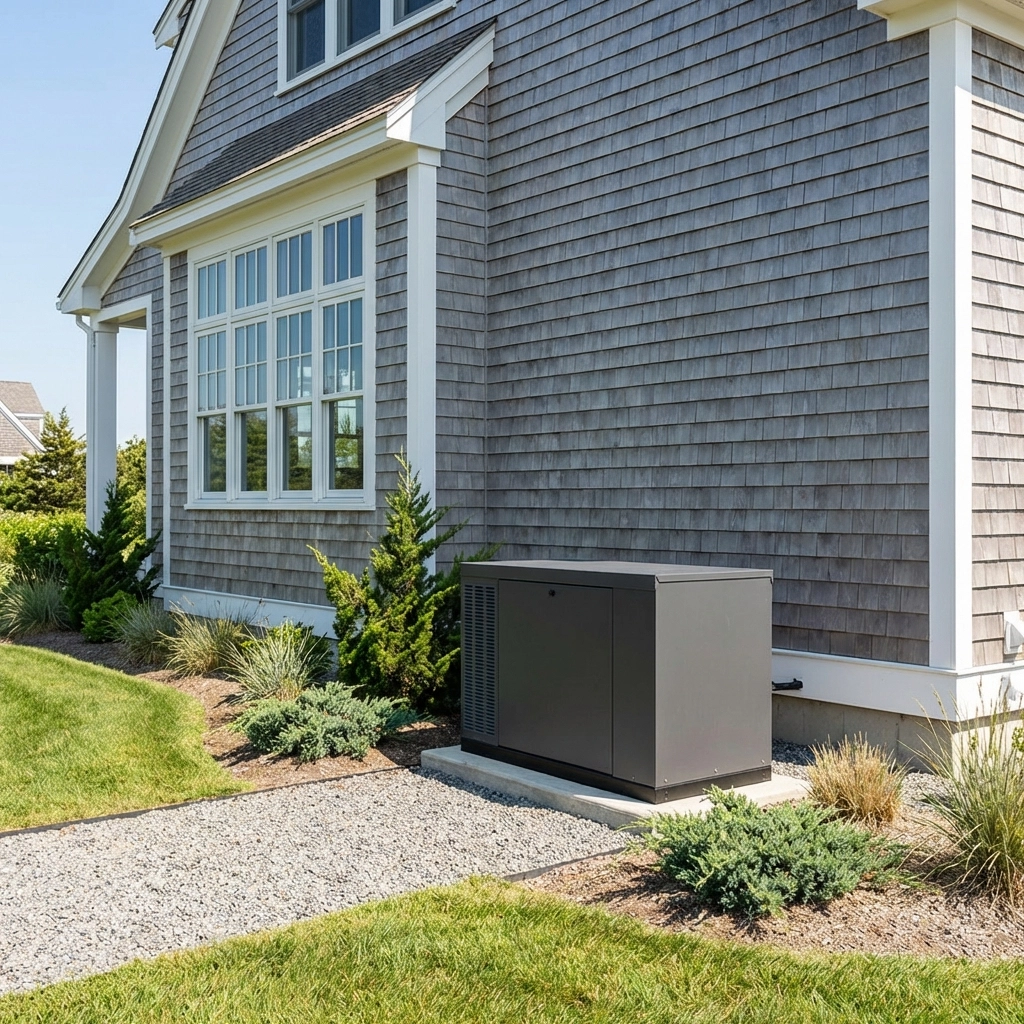 Whole-house standby generator professionally installed outside a Maine home with proper placement and ventilation