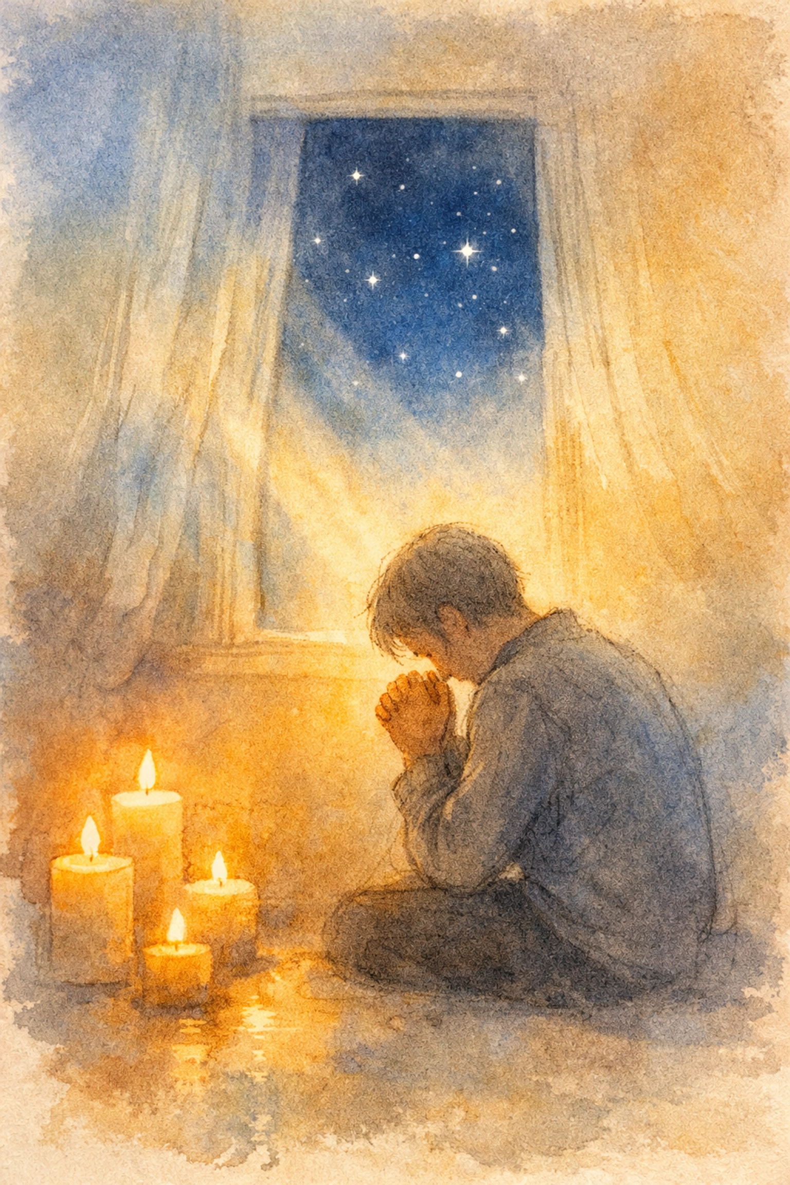 Person in quiet prayer by candlelight during evening spiritual practice