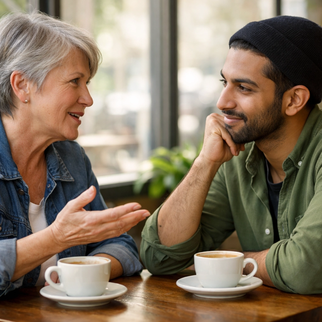 Two people engaged in respectful dialogue at a coffee shop, listening to opposing viewpoints