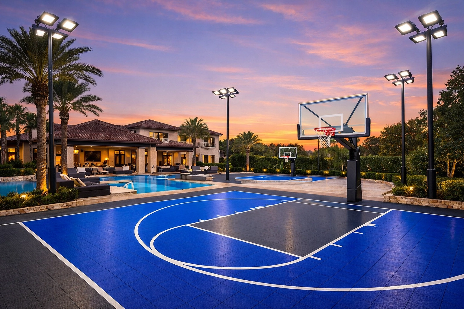 Custom multi-sport game court in Houston with Sport Court surfacing, pool, and professional backyard lighting.