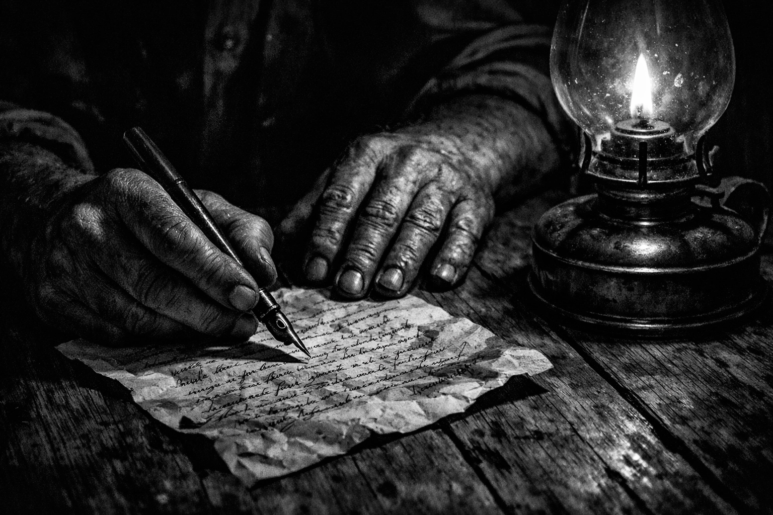 Moody noir close-up of a man's hands signing a document by lamplight, representing Vernon Presley’s 1938 struggle.