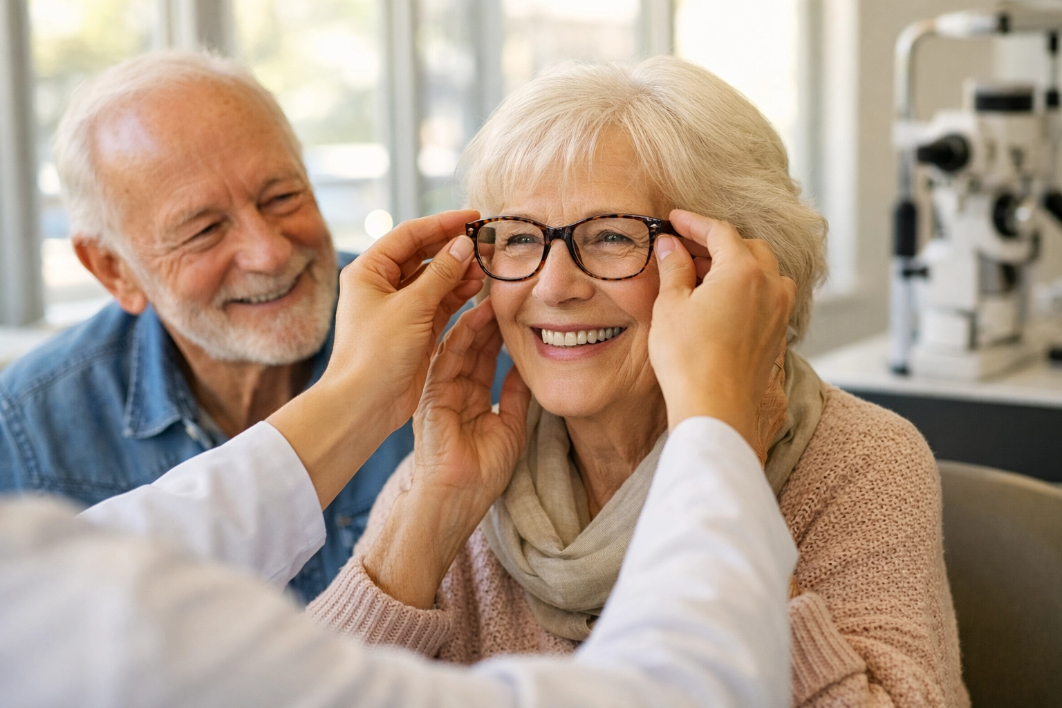 Elderly woman trying on eyeglasses at optometrist office for fall prevention vision assessment