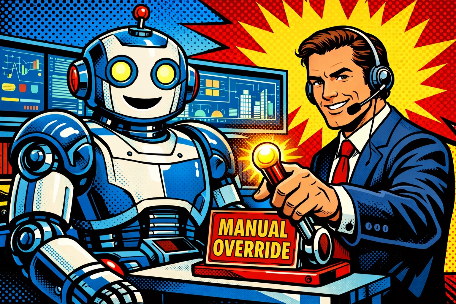 Human professional using a manual override lever to manage ai business automation with oversight.