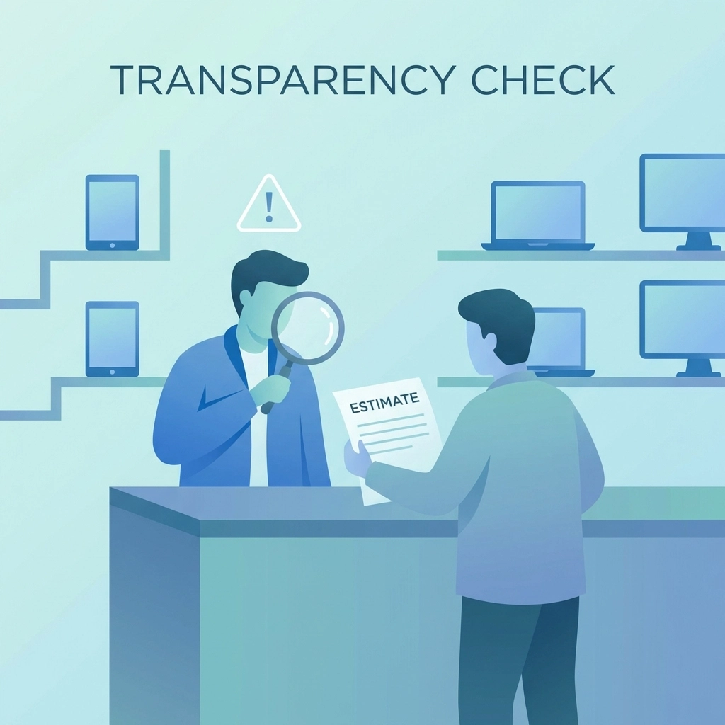 Customer closely examining a repair estimate at a computer store counter, emphasizing transparency in computer service.