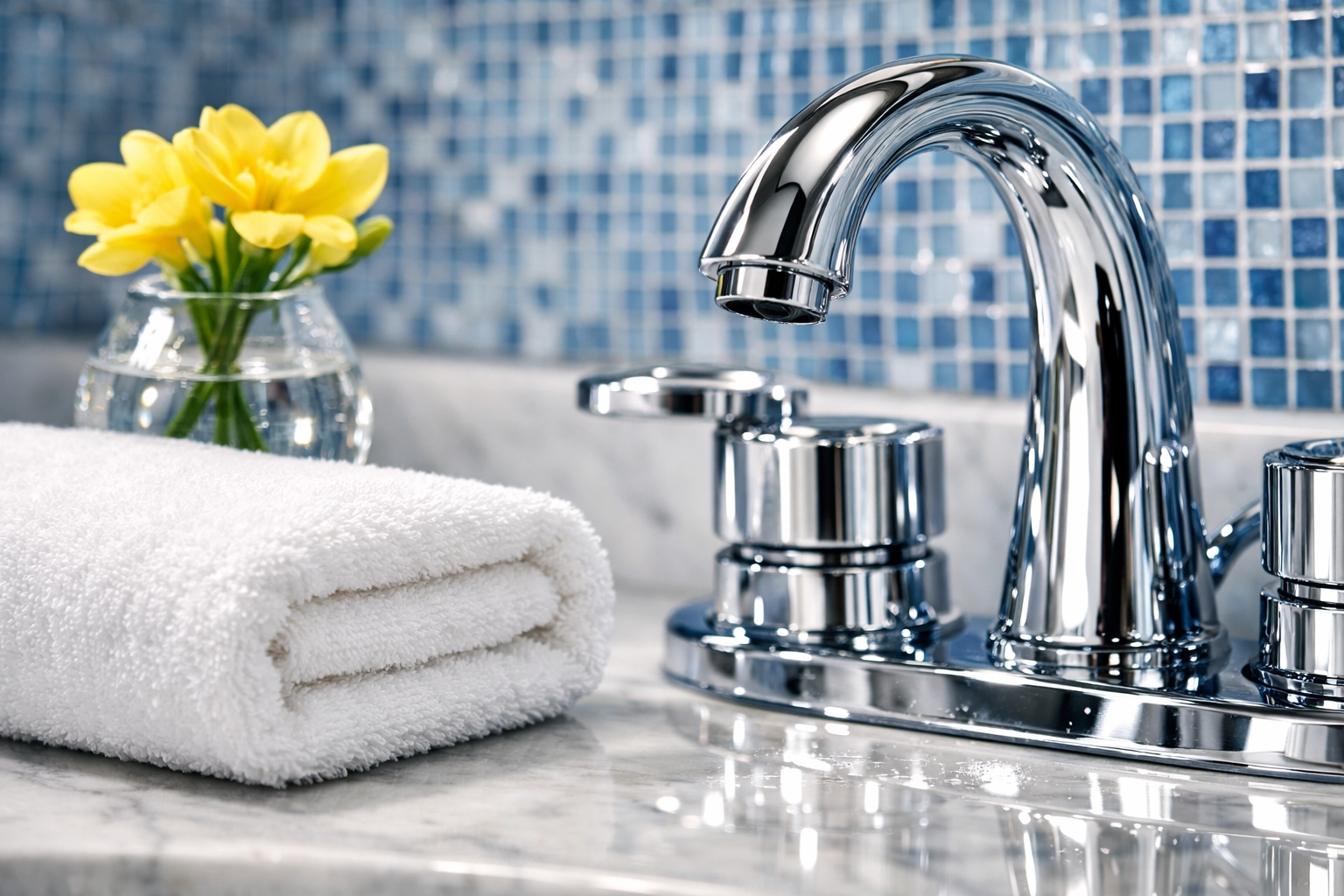 Sparkling bathroom vanity with chrome fixtures, maintained by a professional house cleaning service.