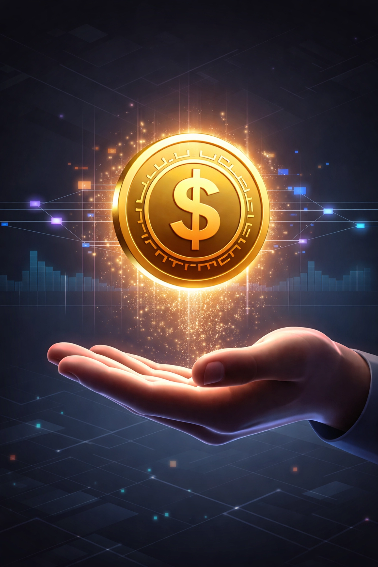 A golden stablecoin floating above a hand, symbolizing Larecoin’s seamless LUSD integration for stable crypto payments.