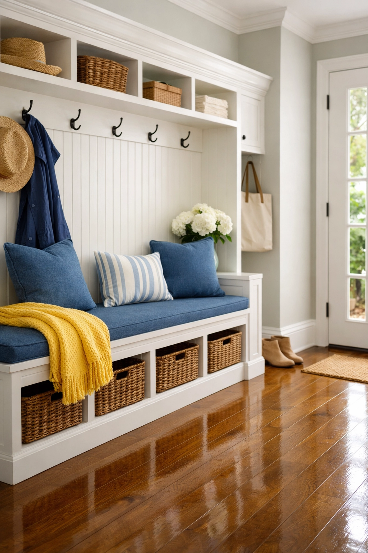 An organized mudroom with polished hardwood floors, ideal for bi-weekly house cleaning in Arlington, MA.