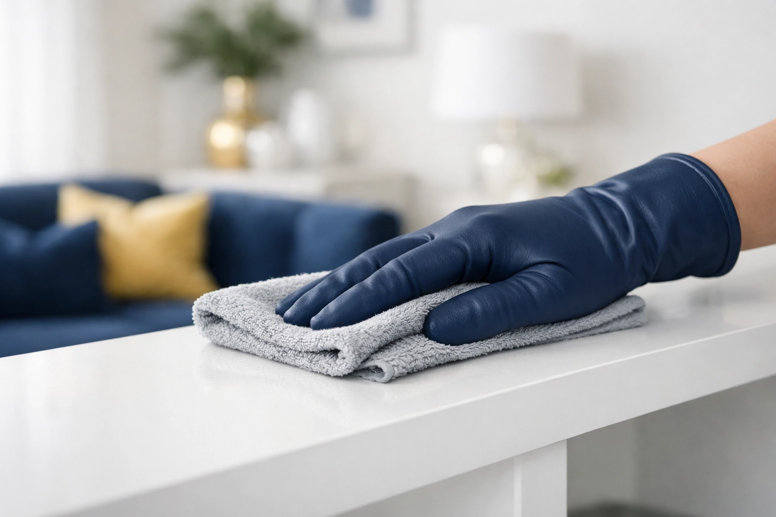 Professional cleaners performing high-detail house cleaning in Wayland MA, dusting white shelves.