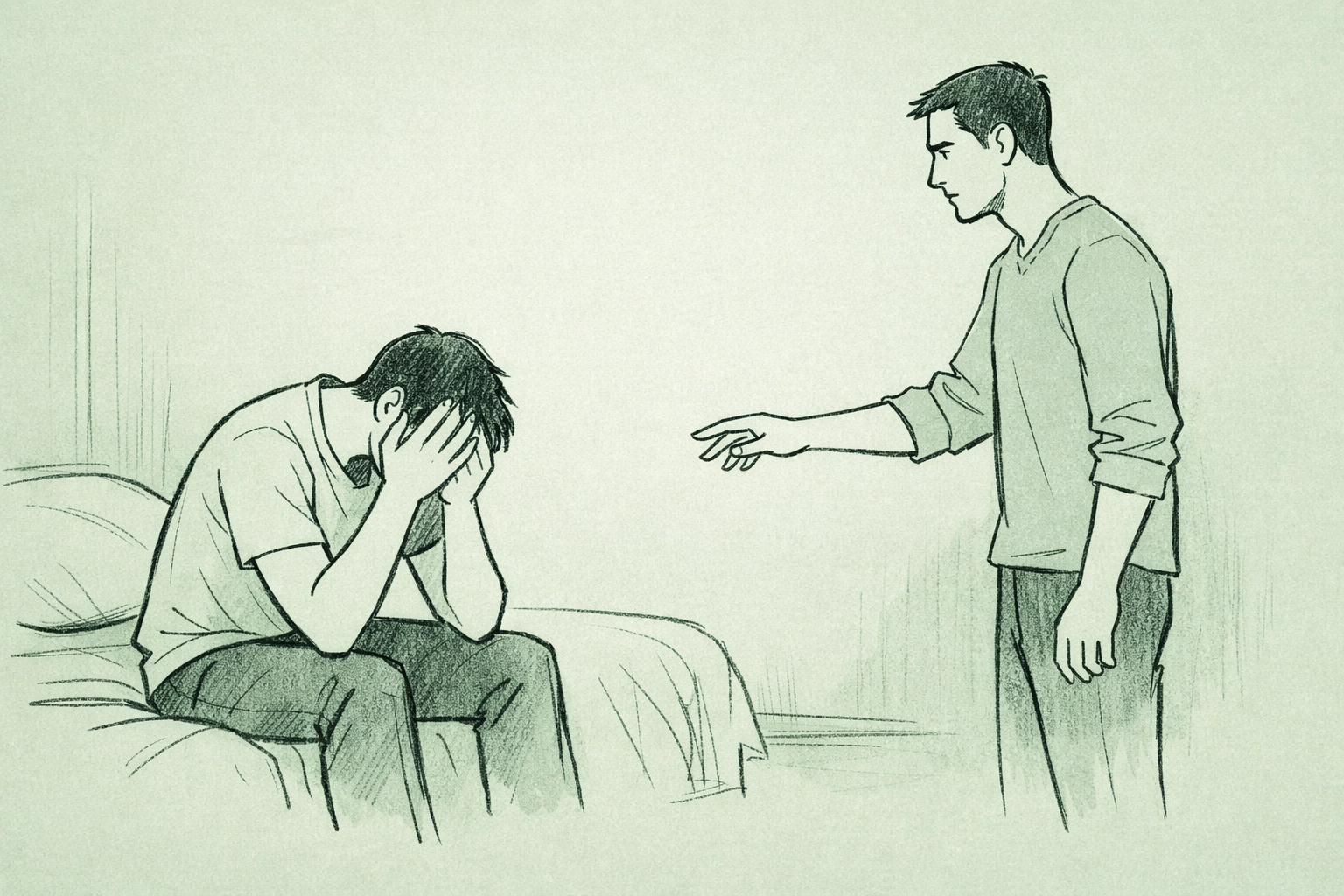 MM couple in a high-angst moment of internal struggle, illustrating intense emotional connection in gay fiction.