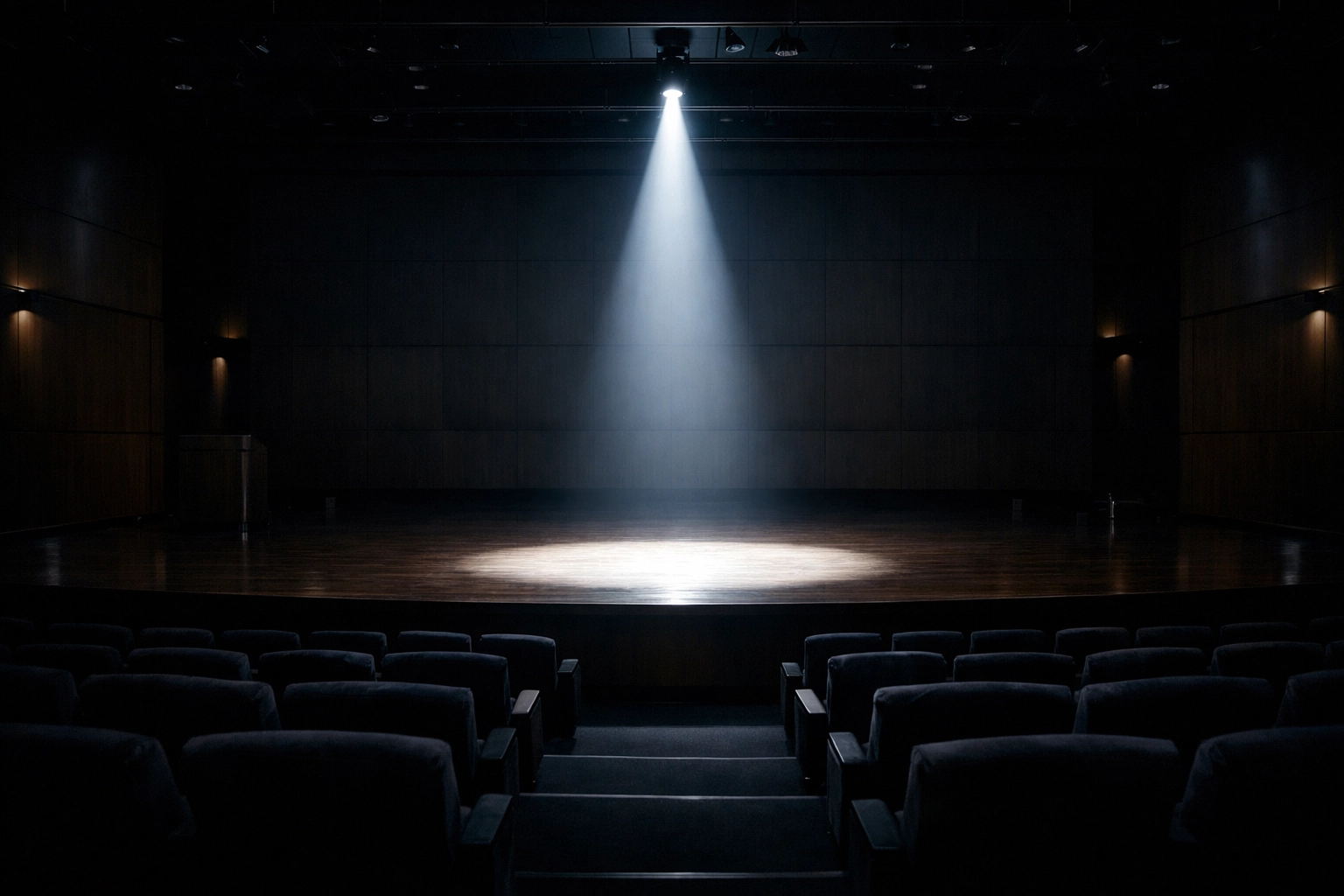 A spotlight on an empty stage symbolizing interoperability theater in the health tech investment landscape.