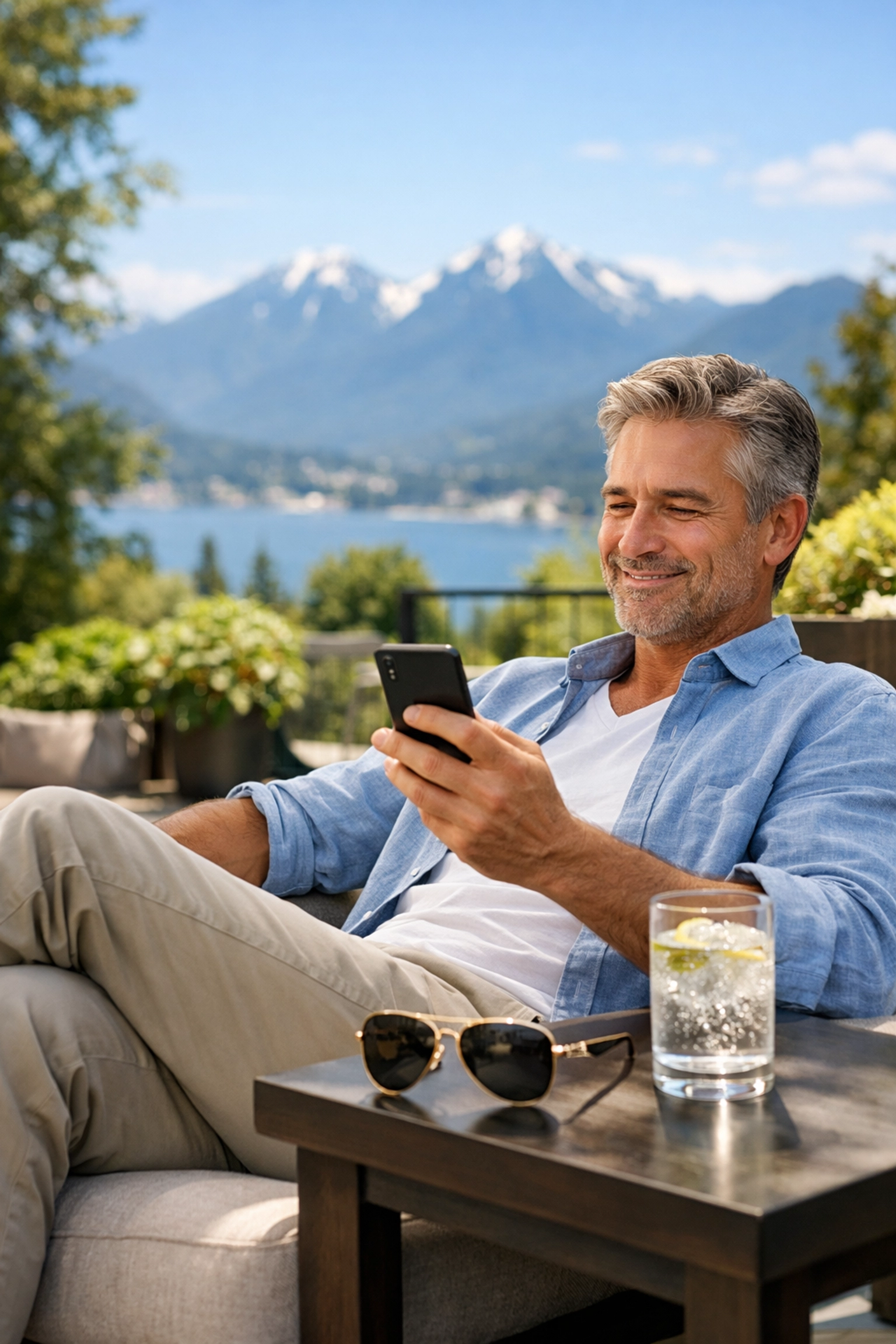 Homeowner enjoying a mountain view while monitoring their hands-off Vancouver Airbnb management performance on a phone.