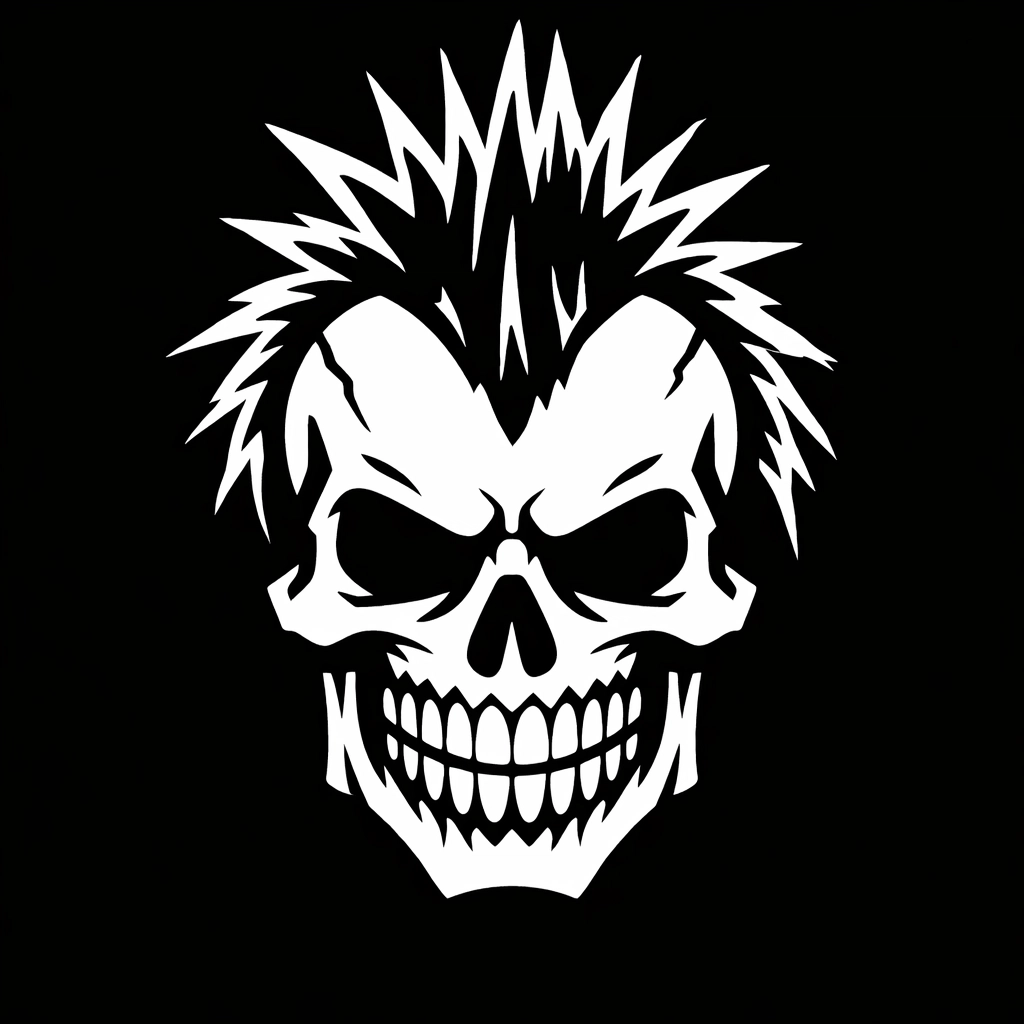 Punk skull with a mohawk representing a rebellious and offensive brand style.