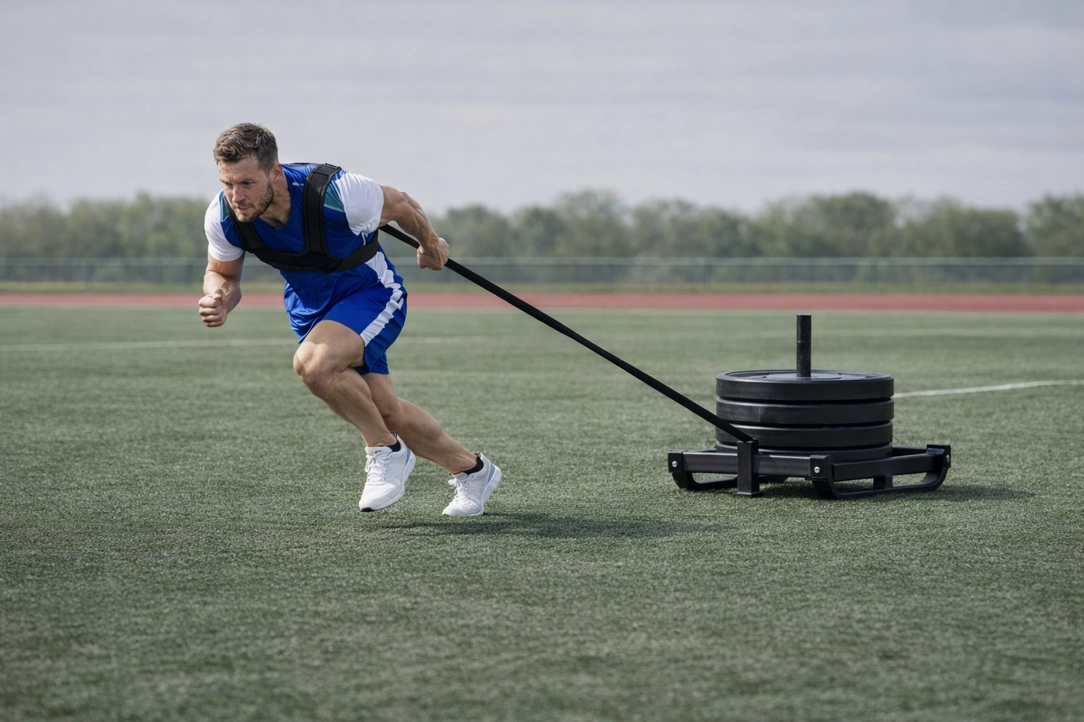Contrast training example: athlete pulling a speed sled then sprinting unloaded during a coached session