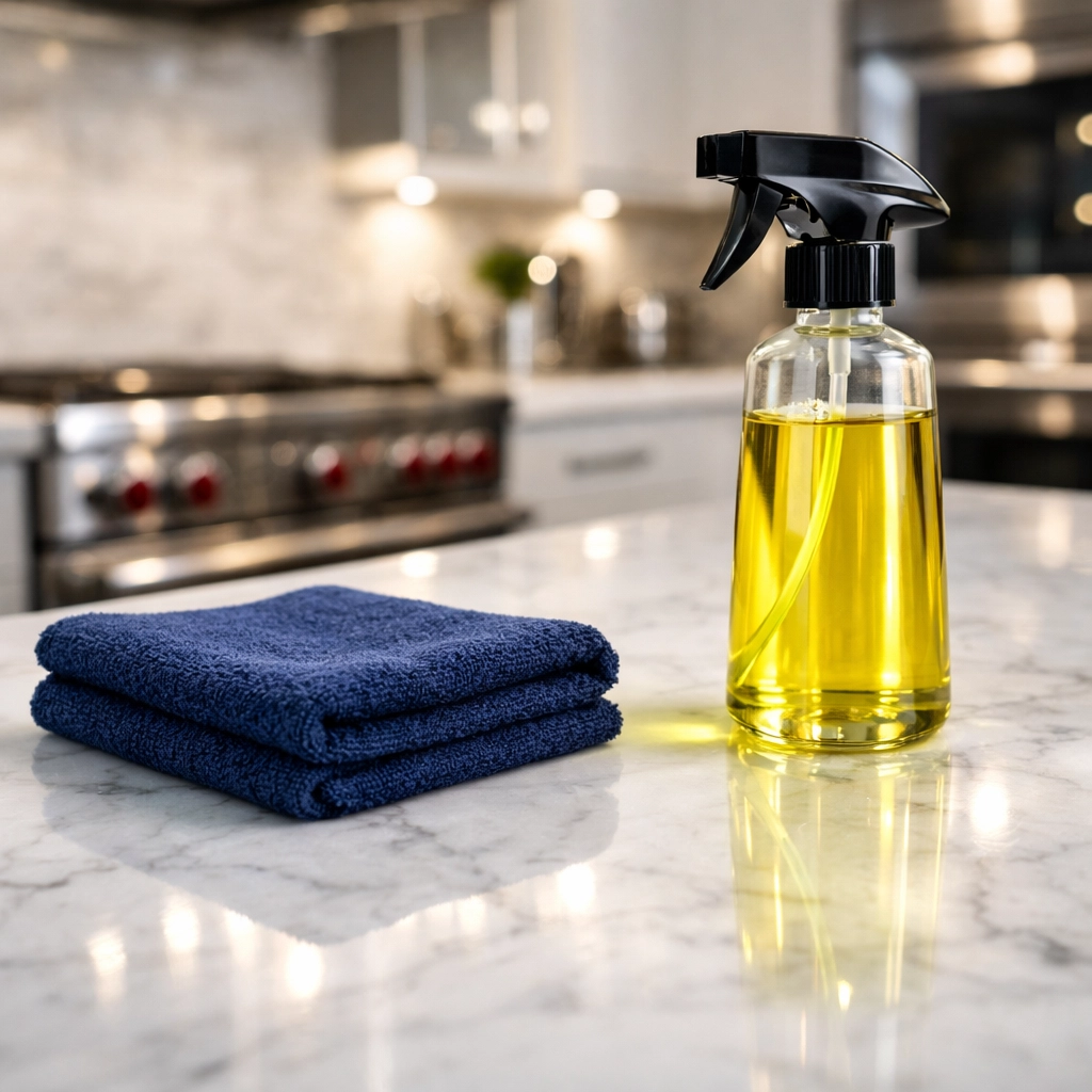 Microfiber cloth and cleaning spray on a spotless kitchen counter during a deep cleaning in Worcester.