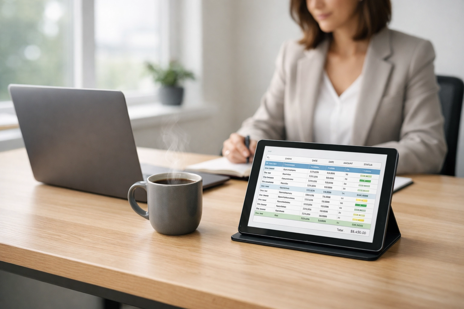 Professional bookkeeper organizing financial data and spreadsheets at a clean, sunlit modern desk.