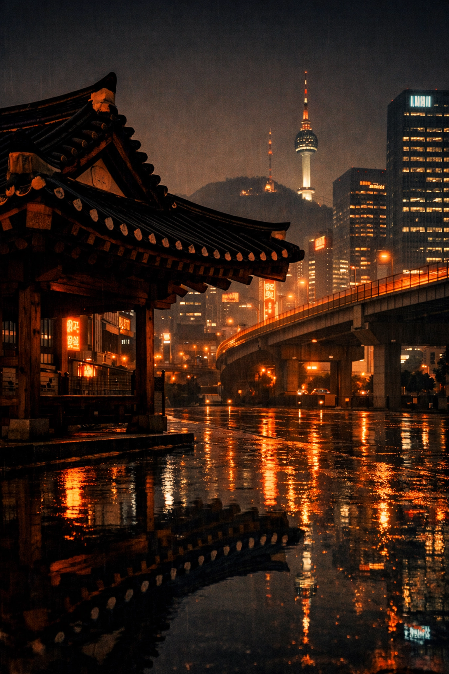 Traditional Korean Hanok roof reflected in a modern Seoul street, representing the local-to-local Silk Road.