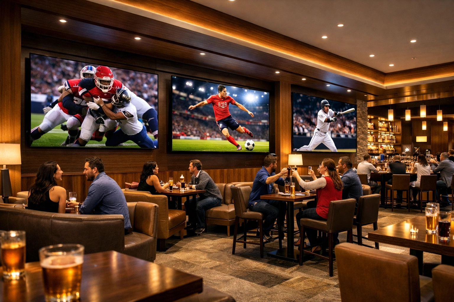 High-definition digital displays featuring sports highlights in a premium lounge setting.