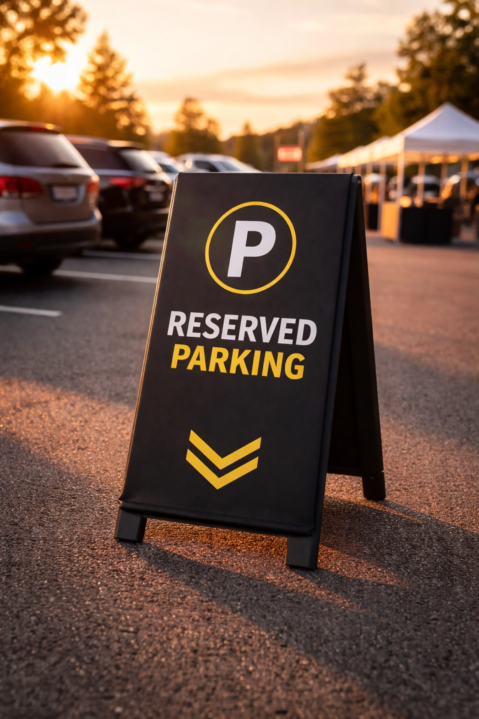 Parking lot at an event venue featuring a slip cover over a No Parking sign for reserved event parking.