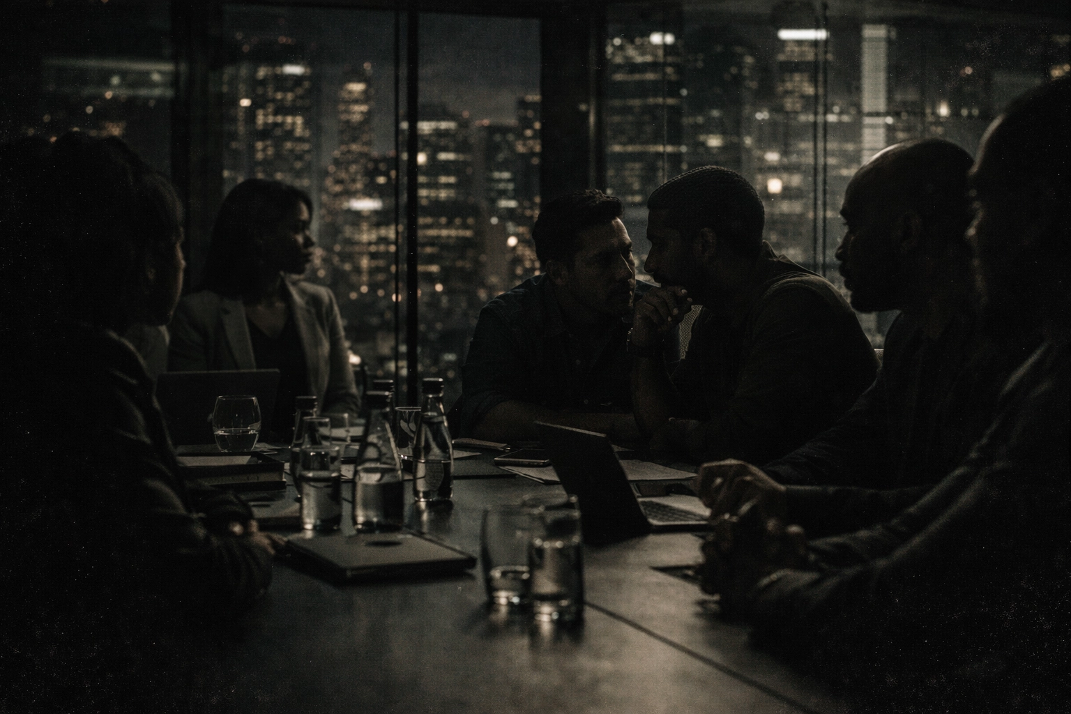 Gritty cinematic boardroom collaboration with Black and Hispanic professionals in moody minimalist lighting