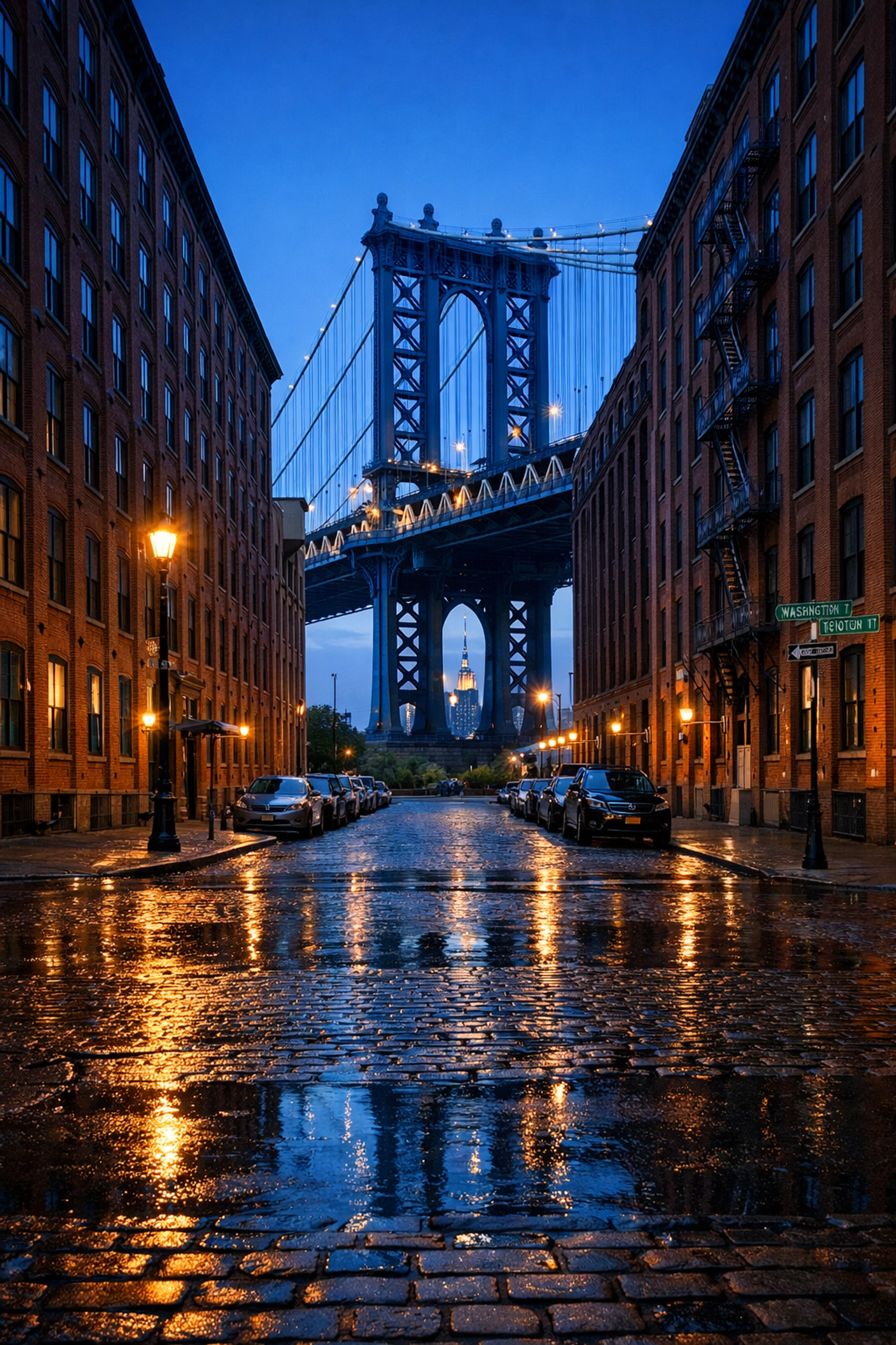 The Manhattan Bridge framed by brick buildings in DUMBO, one of the best photography locations in NYC.