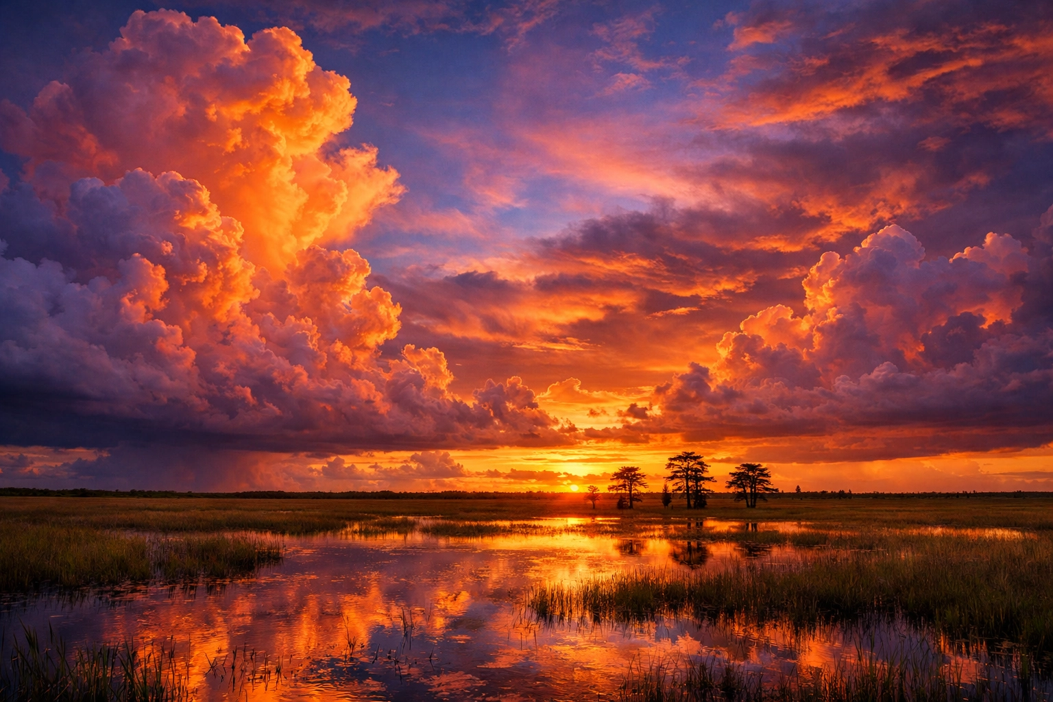 Dramatic sunset clouds reflecting over the Everglades River of Grass during the Florida wet season.
