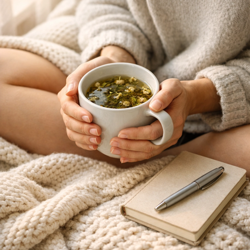 Hands holding herbal tea with journal for morning self-care ritual and mindfulness practice