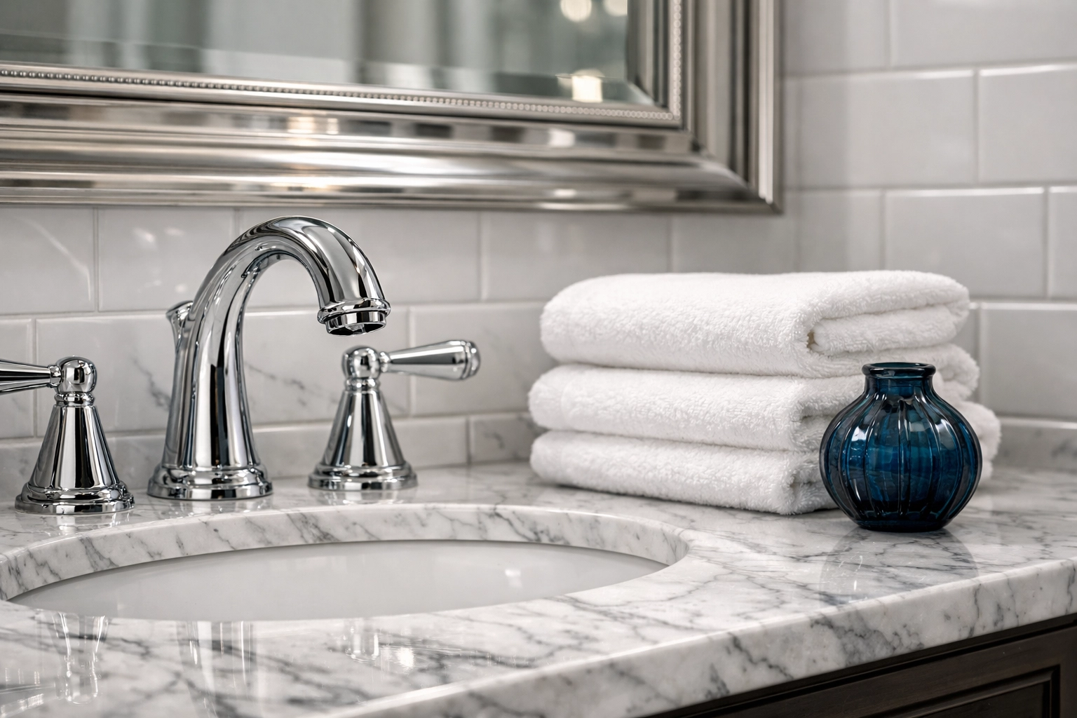 Pristine marble bathroom vanity showing the high-end results of luxury house cleaning in Natick, MA.