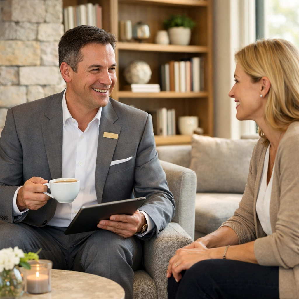Hotel staff using a tablet to provide personalized service to a guest in a relaxed, desk-free lobby.