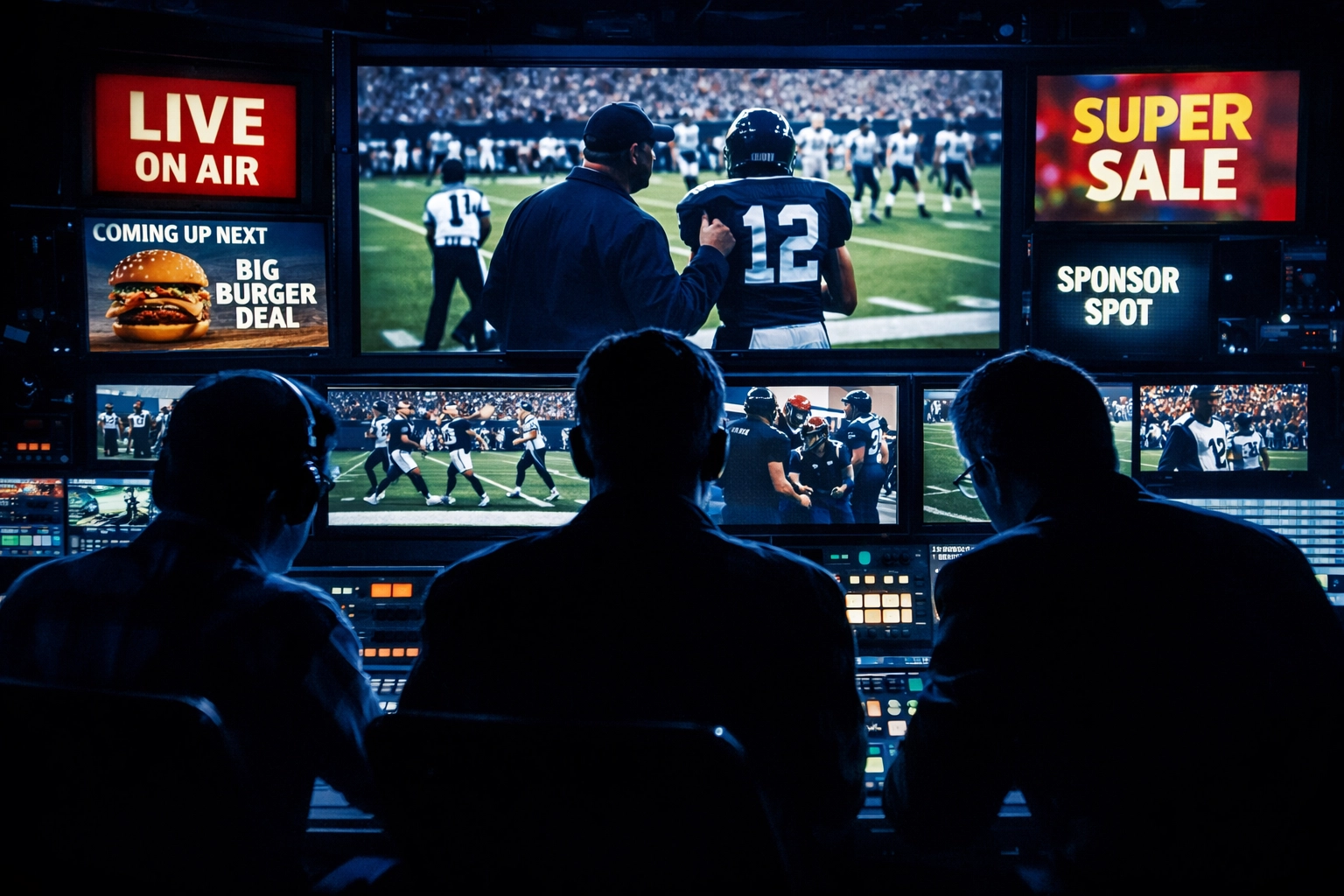 Sports media control room with professionals monitoring Super Bowl broadcast and advertising content