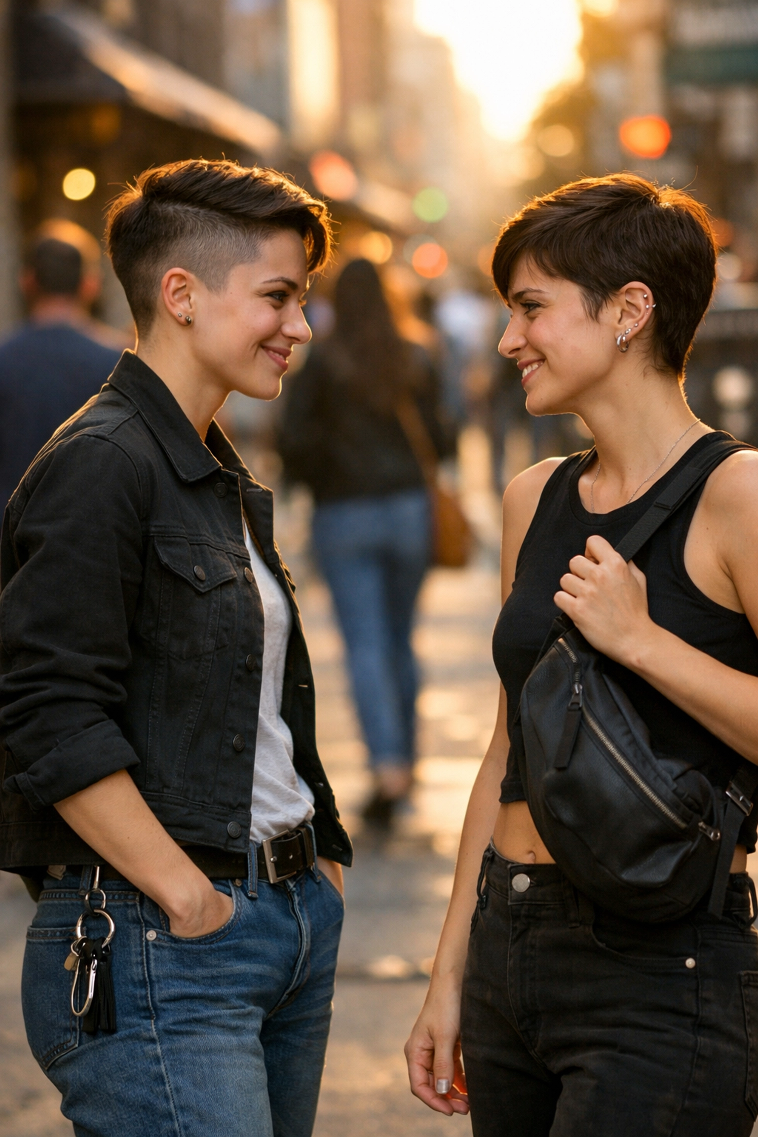 Two queer women recognize each other's fashion signals on a city street