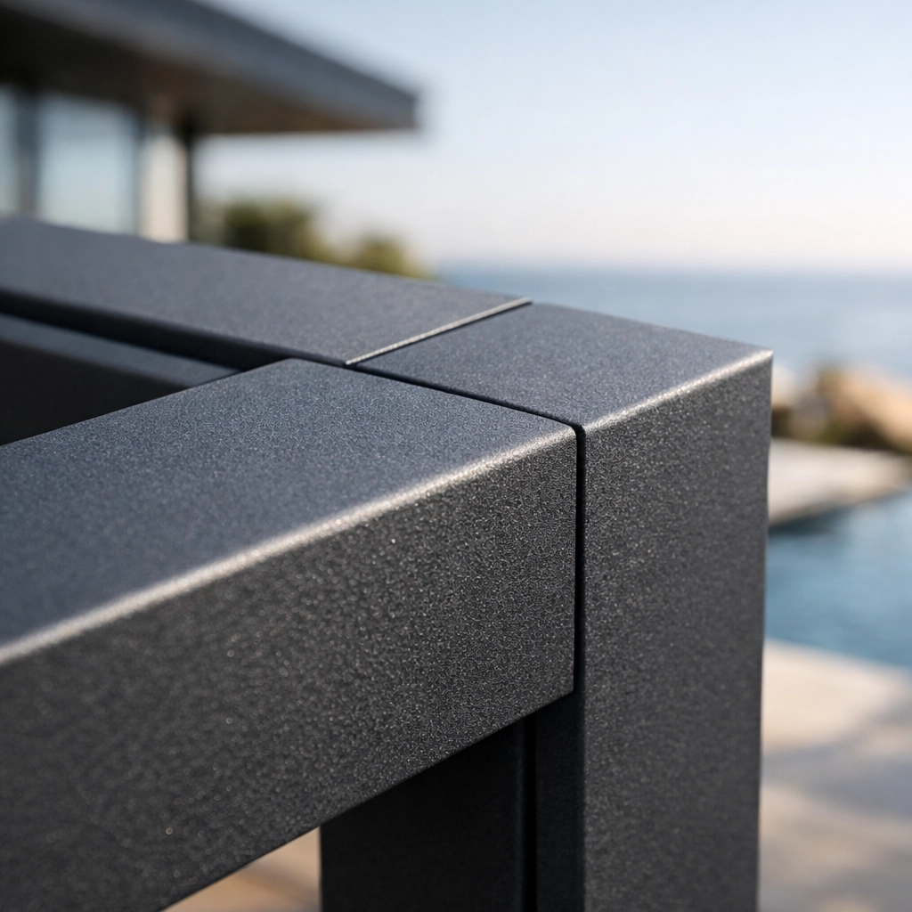 Close-up of a precision-engineered anthracite grey aluminum louvre corner joint