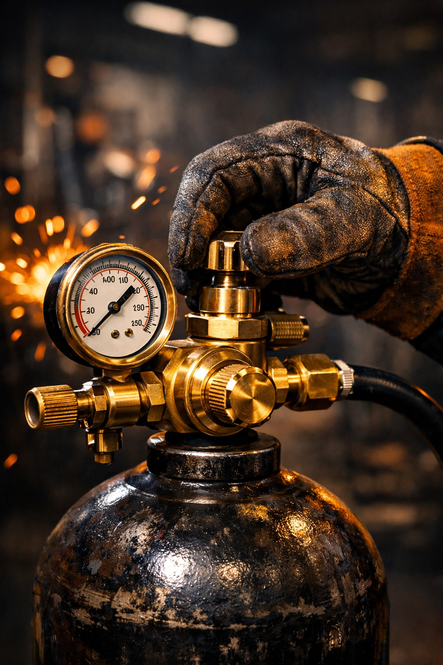 A professional welder adjusting a brass gas regulator on a welding tank for technical precision.