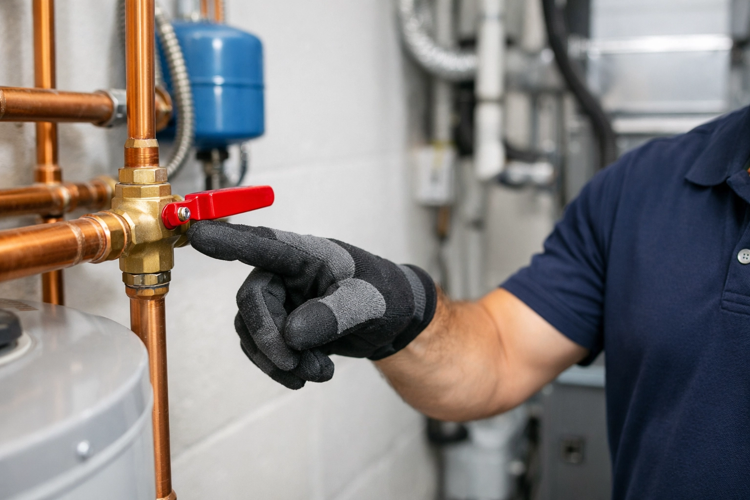 Edmonton home inspector pointing to a red water shut-off valve in a clean utility room during a walkthrough.