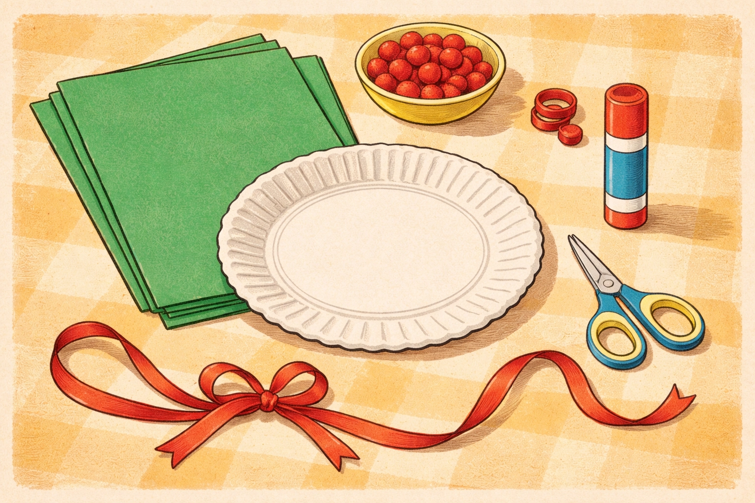 DIY handprint wreath craft supplies on a kitchen table including paper plate, green paper, pom poms, scissors, glue, and ribbon