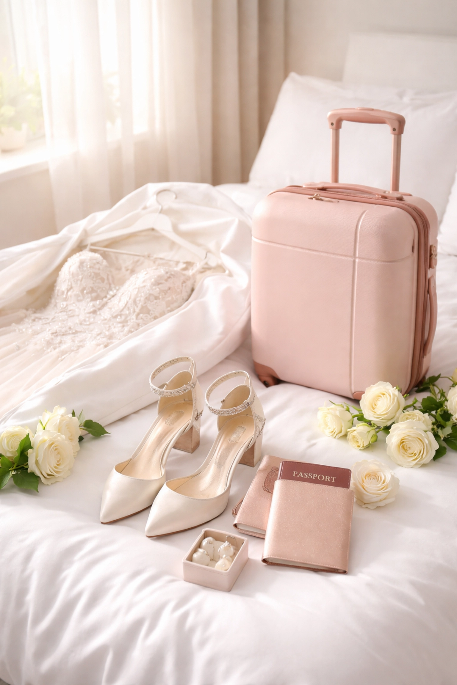 Bride's wedding travel essentials on a hotel bed, featuring dress, suitcase, passport, shoes, and jewelry
