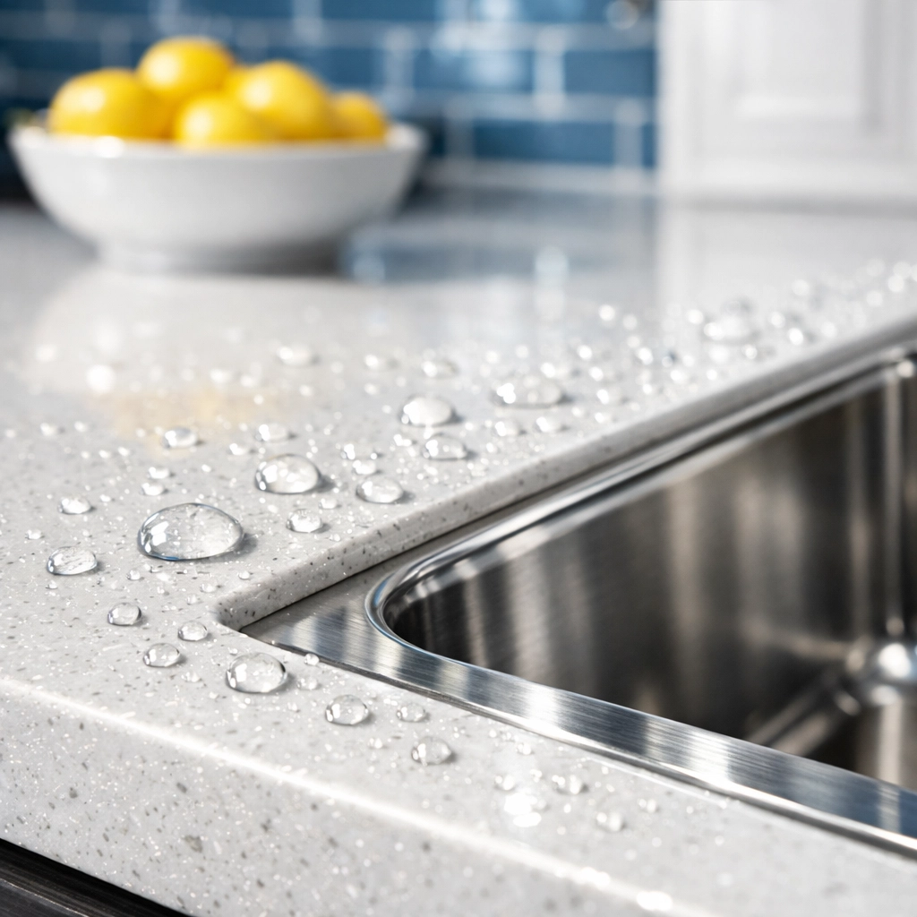 Sparkling white quartz kitchen island and sink following a professional deep clean by local specialists.