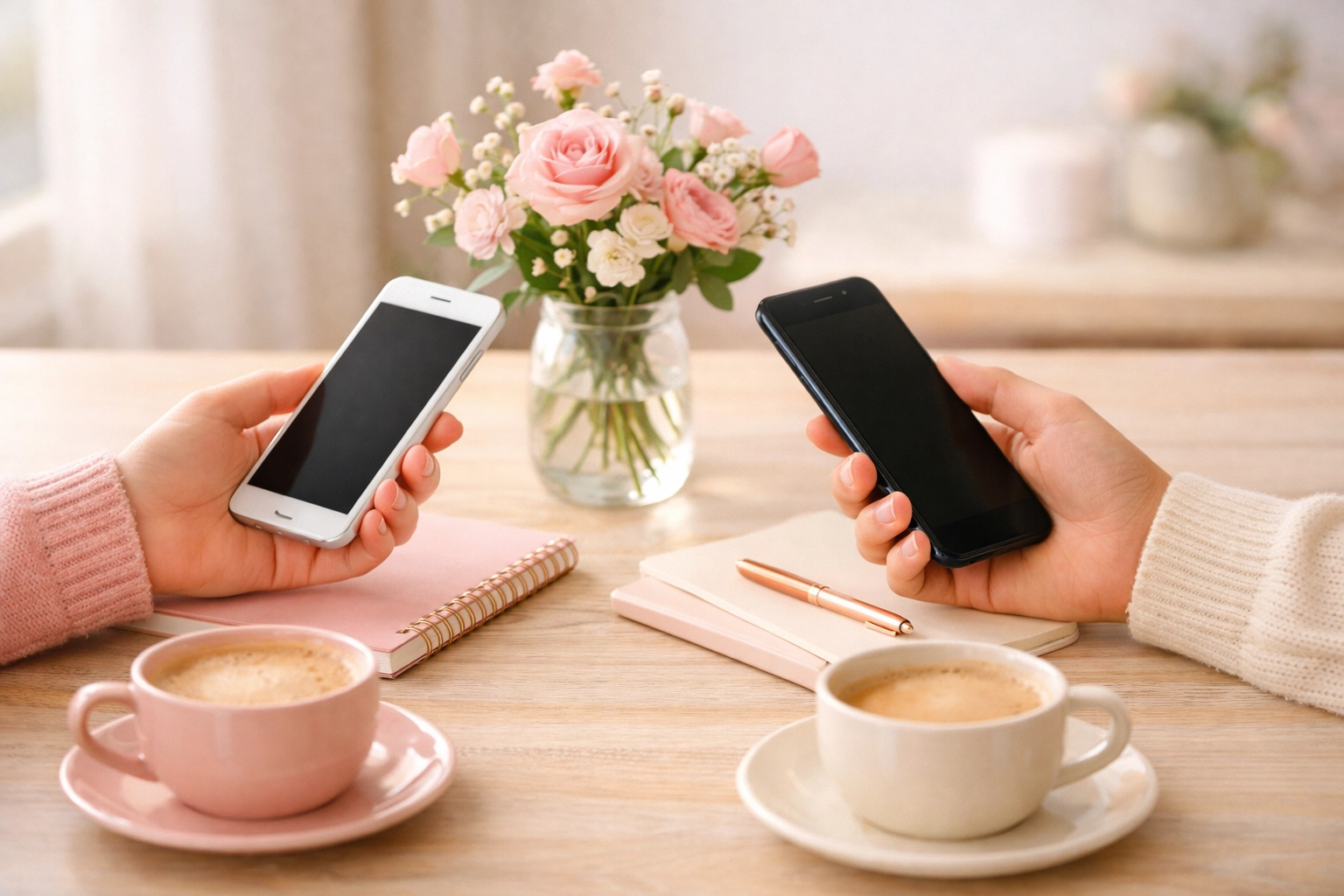 Two smartphones connecting across table representing client communication and relationship building