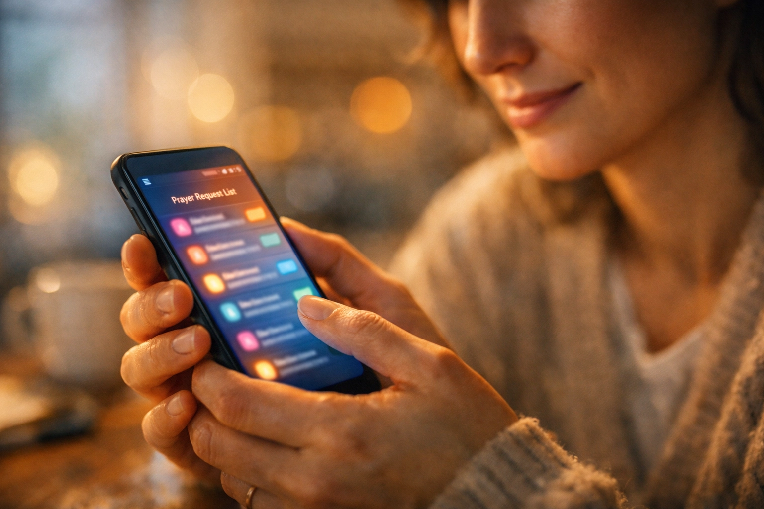 Close-up of hands holding a smartphone to submit a digital prayer request online.