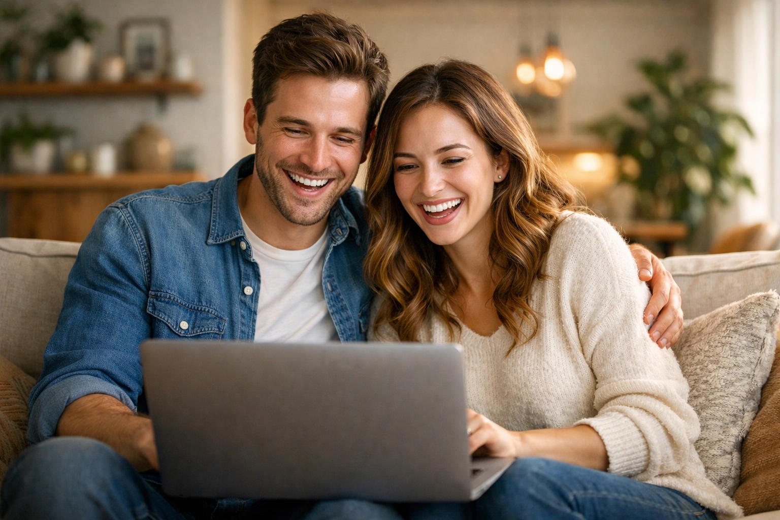 A couple engaging with a virtual Bible study community on their laptop in a bright living room.