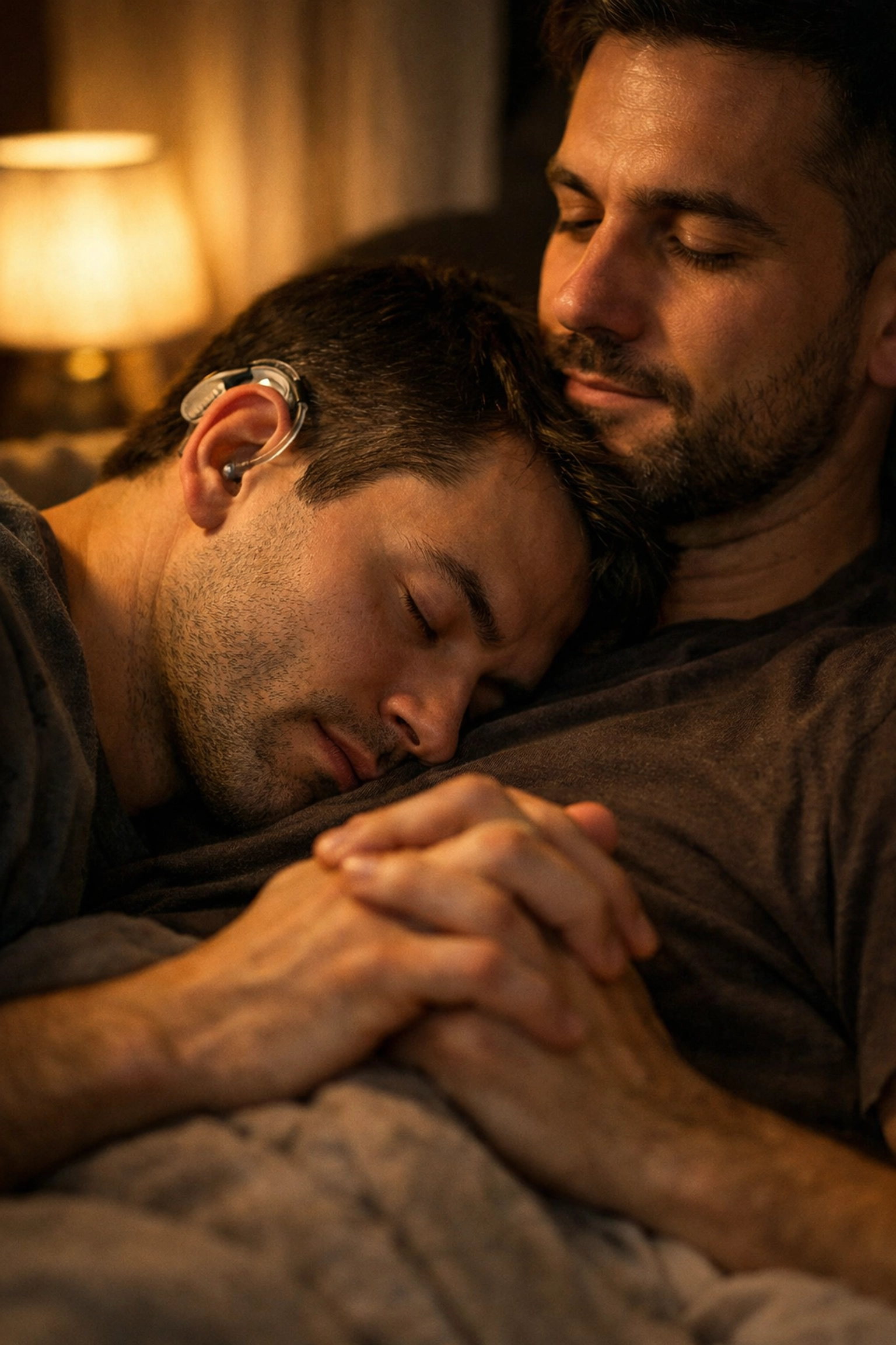 An intimate moment between two men in a cozy bedroom, showing quiet intimacy and disability representation in gay fiction.