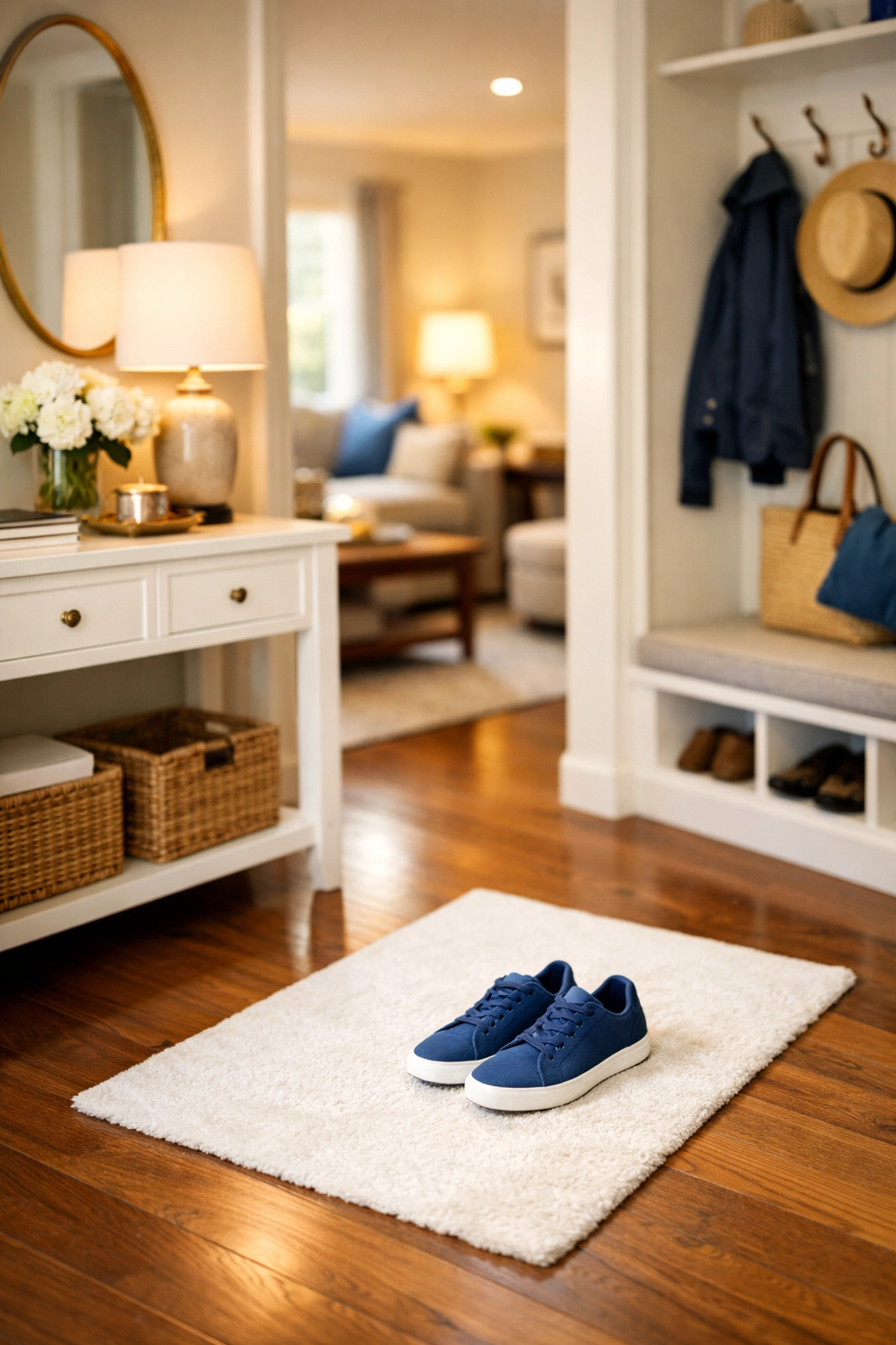 A perfectly organized and tidy apartment entryway after a reliable residential cleaning service in Leominster MA.