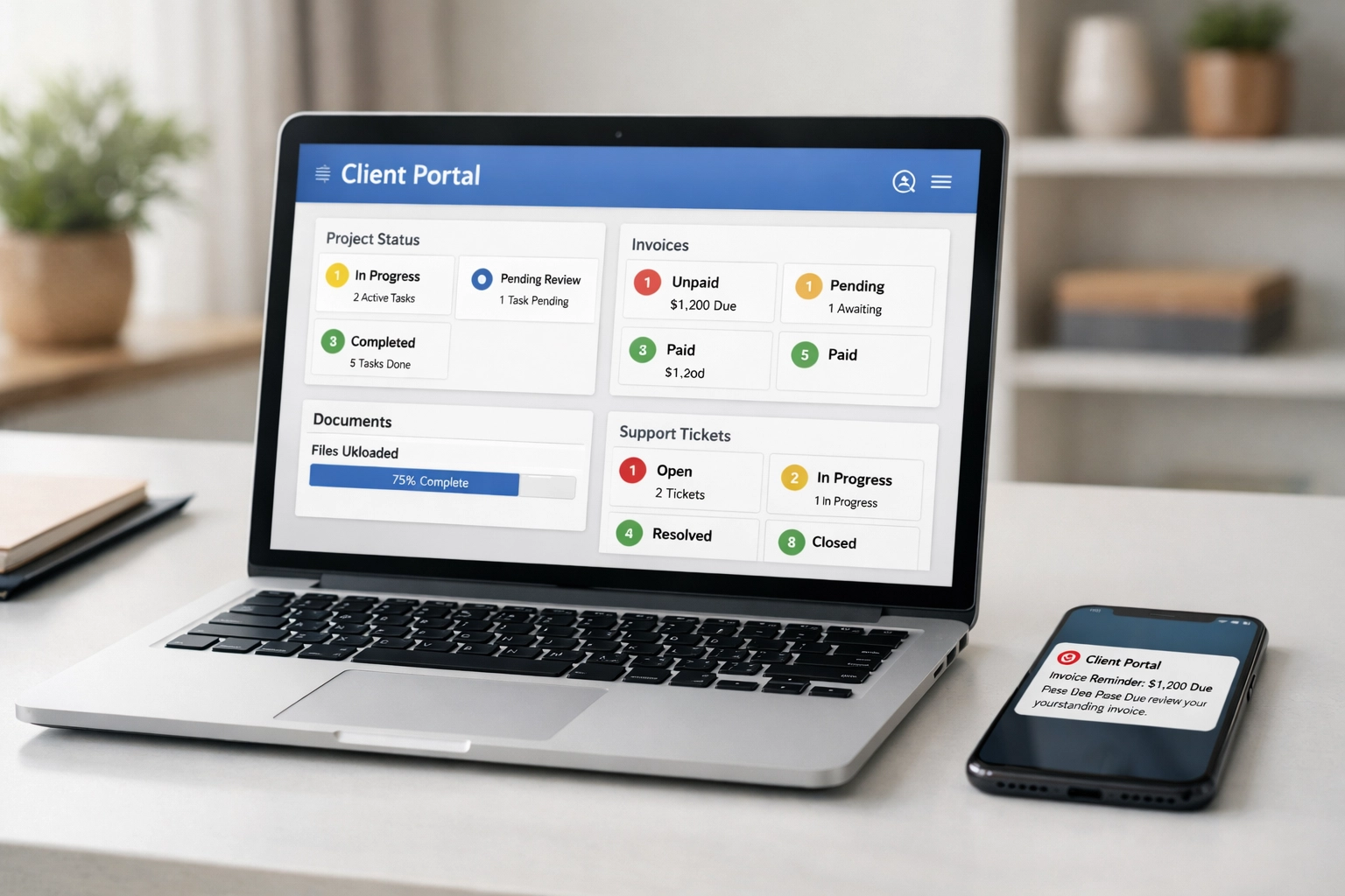 Client portal dashboard displaying tax return batch processing status and progress tracking