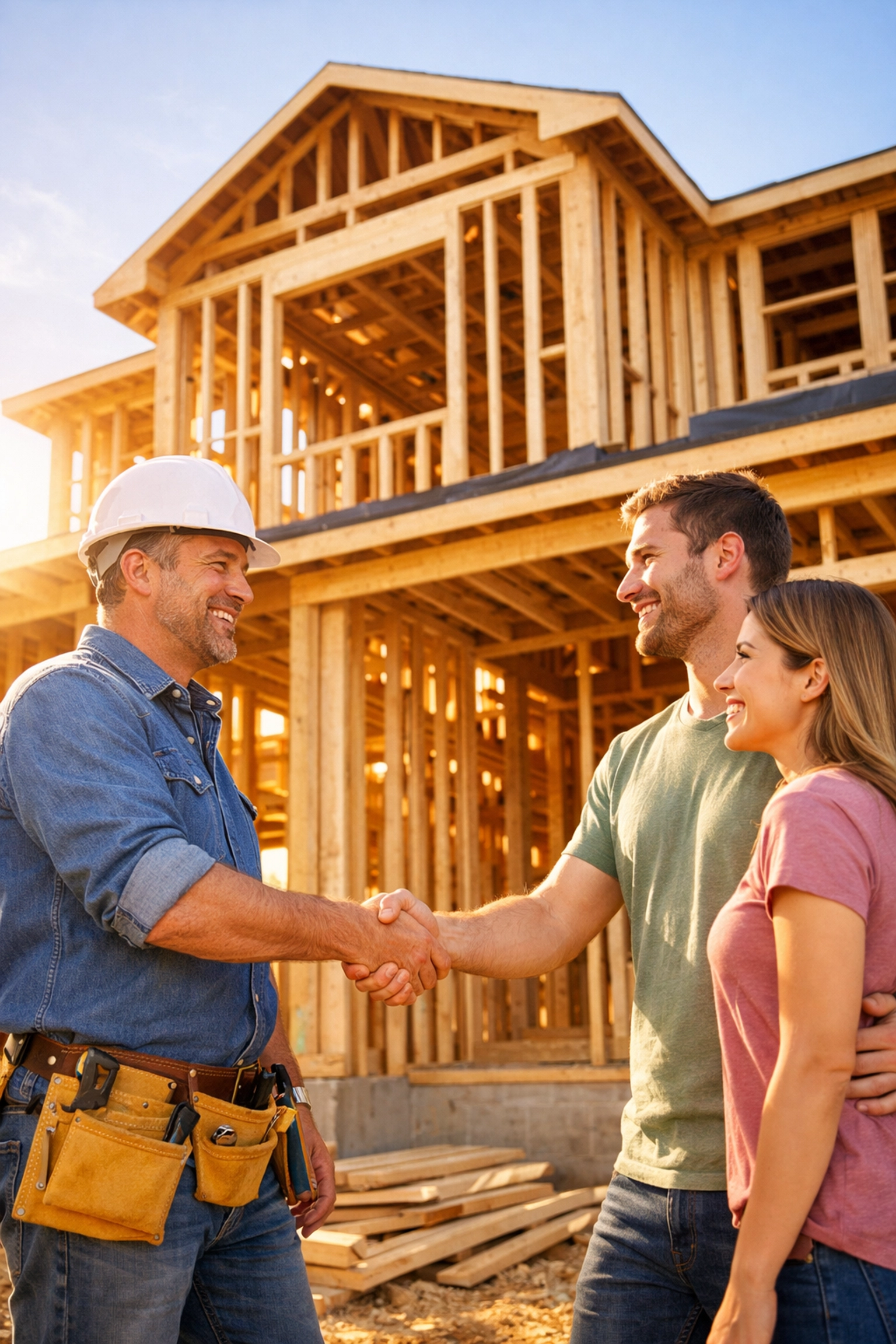Builder shaking hands with homebuyers in front of new construction home in Houston