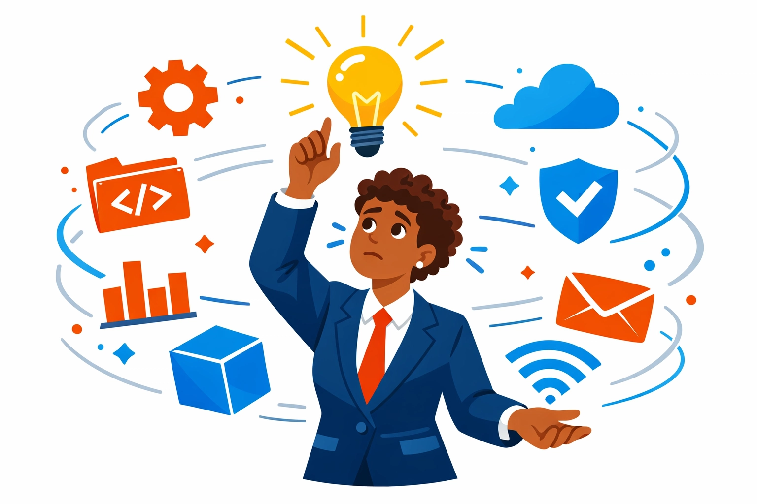 Professional reaching for a lightbulb learning objective while ignoring distracting tech shapes.