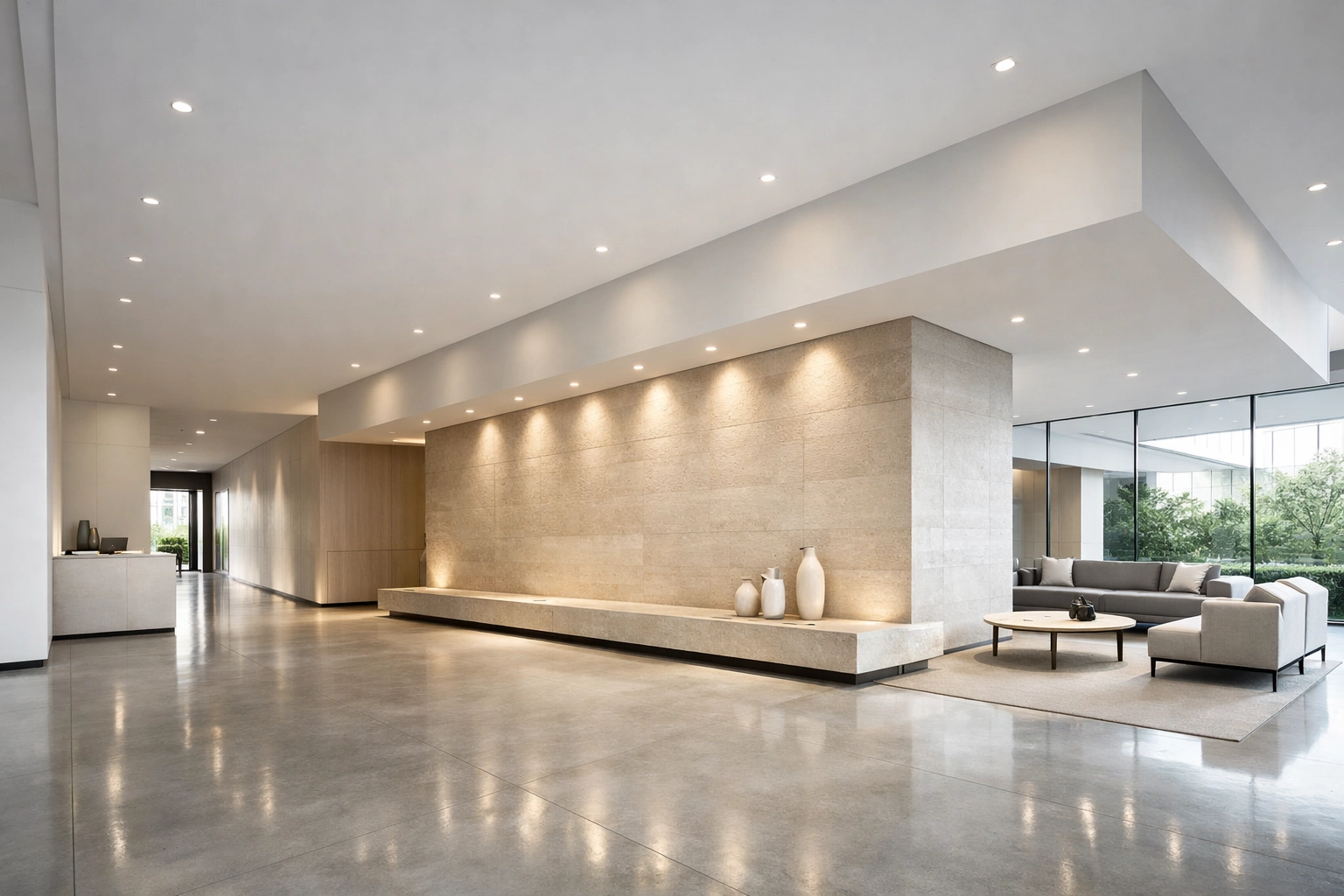 Modern commercial lobby featuring professional lighting design and layered architectural illumination.