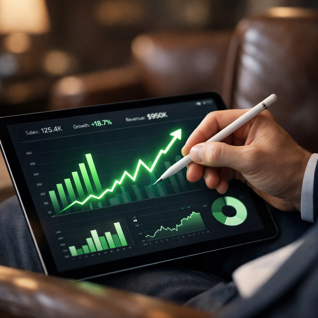 Analyzing sports marketing ROI and data-driven performance metrics on a digital tablet after the big game.