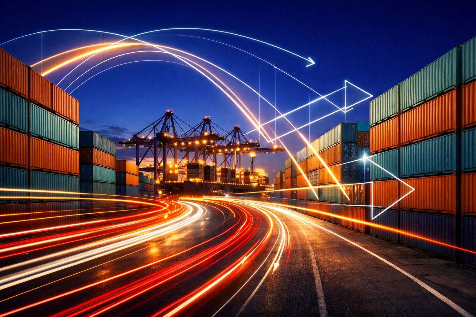 A bustling container terminal at dusk showing the scope of international freight and logistics.