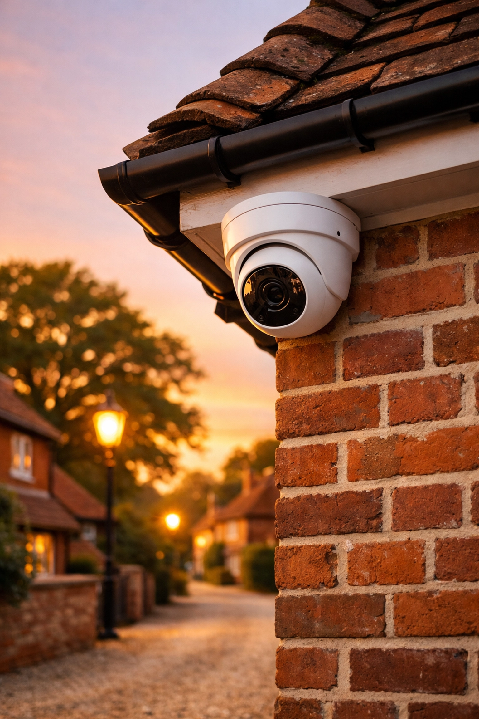 Professional CCTV installation on a traditional red-brick home in Hartley Wintney for 24/7 security protection.