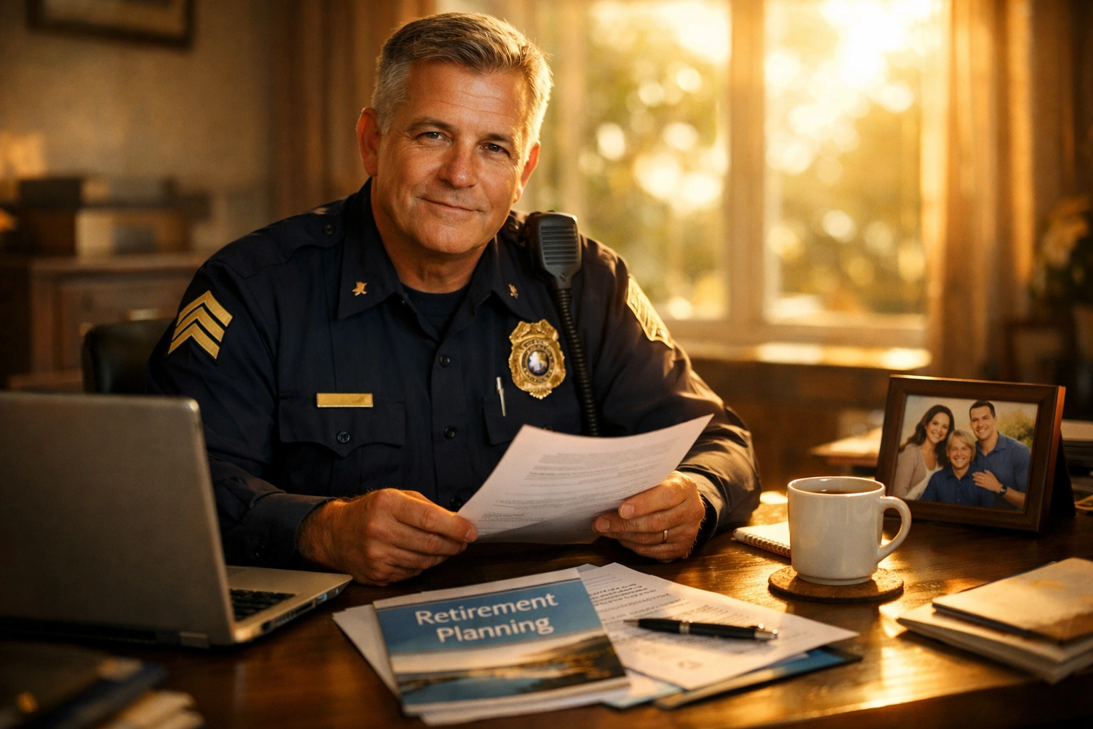Retired federal law enforcement officer reviewing retirement benefits and planning documents