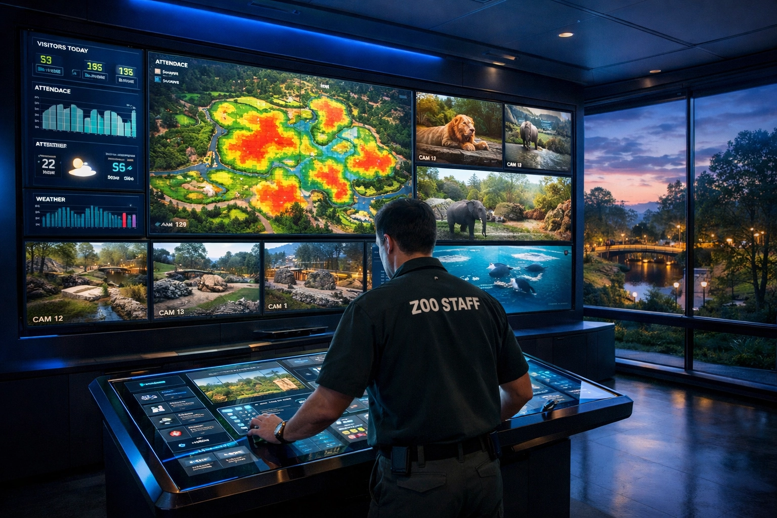 Modern zoo operations room with digital signage monitors and IoT visitor heat maps.